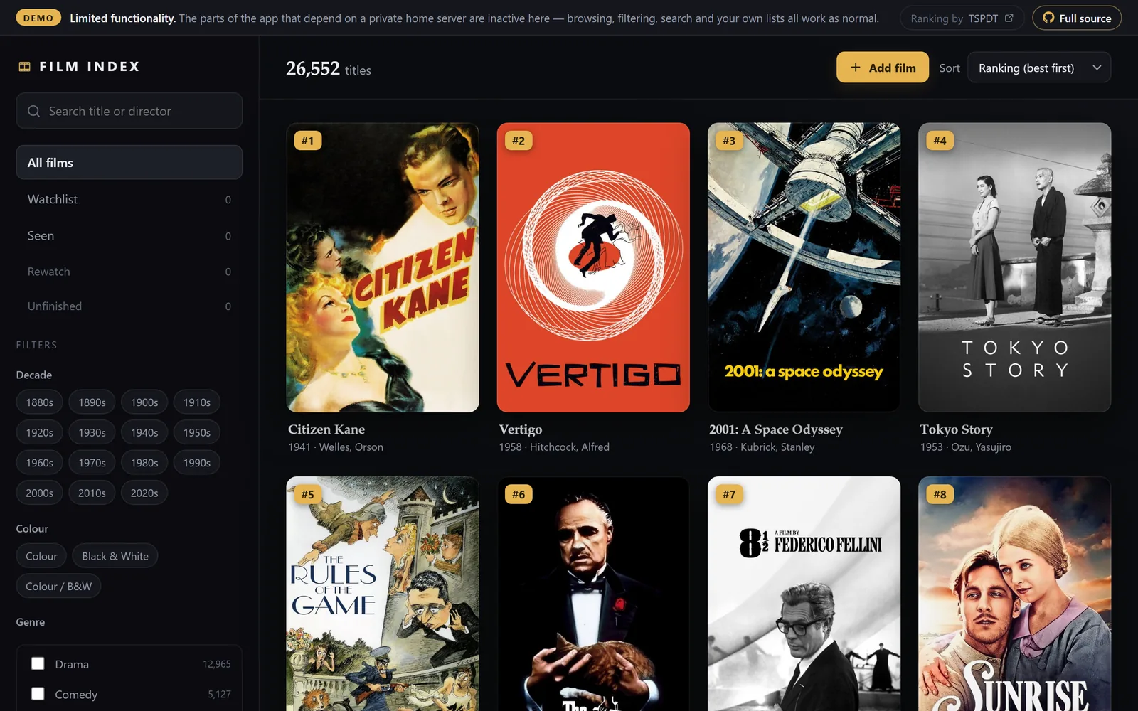 Film Index in dark mode: a filter sidebar of decades, colour and genre beside a grid of posters with gold rank badges, led by Citizen Kane, Vertigo, 2001: A Space Odyssey and Tokyo Story.