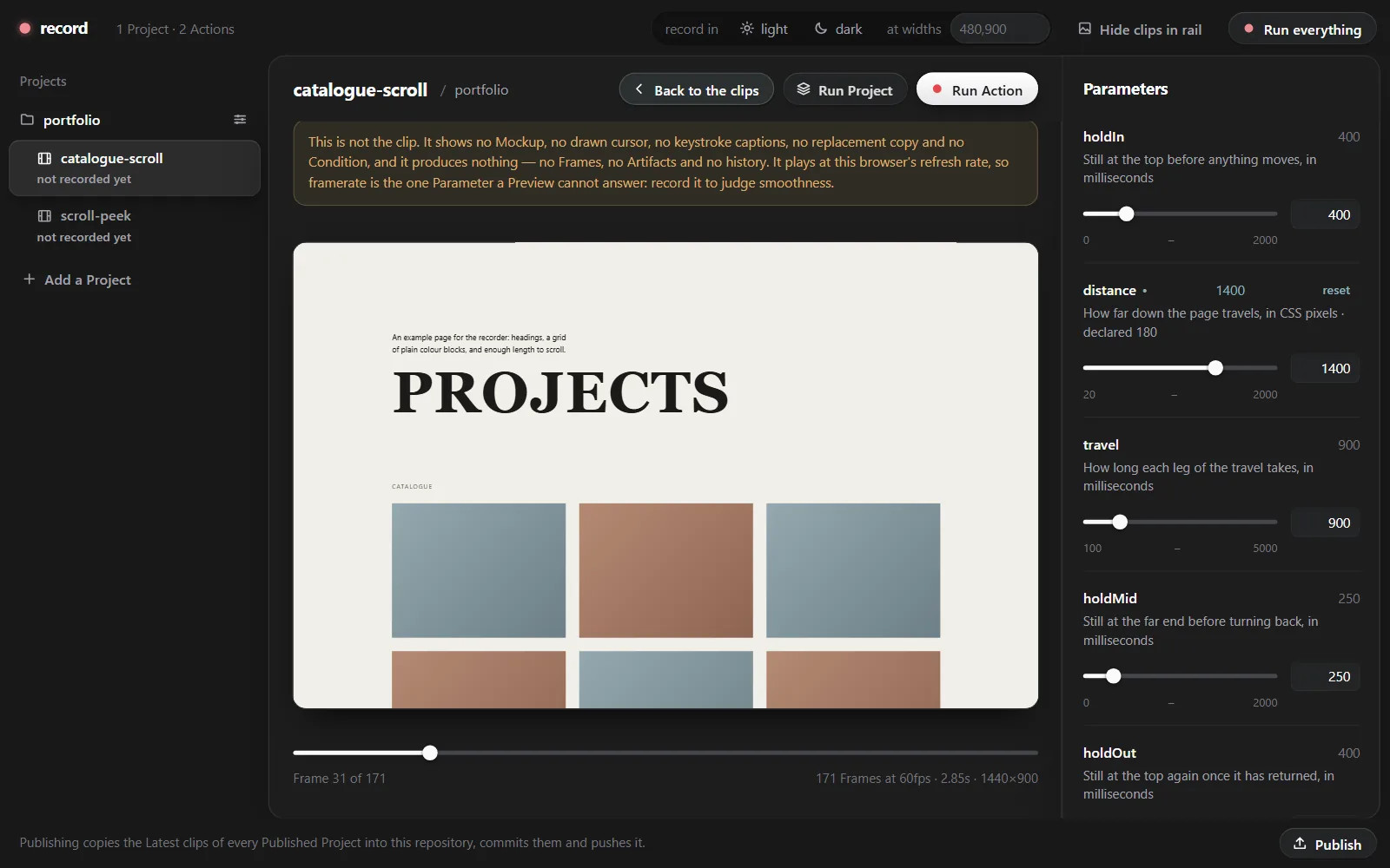 The Record Engine’s dark interface previewing a scroll of an example page, with a frame scrubber underneath and sliders for the motion’s timings on the right.