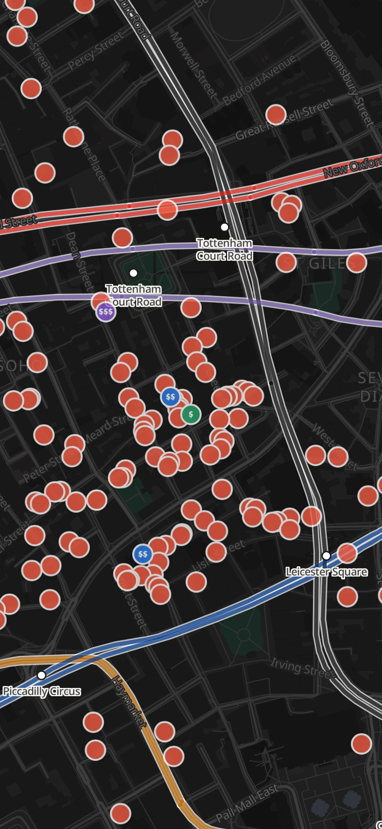 The Eater map over Soho and Covent Garden, restaurants marked across it and the rail network drawn over the streets in the lines’ own colours.